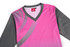 A pink and grey sports team t-shirt with a v-neck and a logo on the tag.