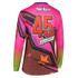 A long-sleeved BMX T-shirt in vibrant pink and orange with abstract designs and a section for custom name and number.