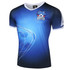 A blue soccer uniform t-shirt featuring a graphic design and a logo on the chest.
