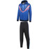 A blue tracksuit with a hood and black pants, featuring a logo and contrasting red and white stripes.