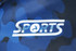 A blue and black camouflaged fabric featuring a logo with the word "SPORTS."