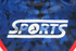 A blue camo-patterned fabric featuring the word "SPORTS" in bold lettering, along with a logo.