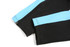 A black and sky blue tracksuit warm-up with zippered cuffs, featuring a logo on the fabric.