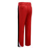Red pants with black side panels, featuring two back pockets and a tailored design. Includes branding on the garment.