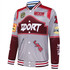 A reversible varsity jacket in grey and burgundy, featuring various patches and a striped collar.