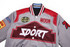 A reversible varsity jacket in grey and burgundy with striped collar and logos.