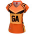A sports polo in vibrant orange and black, featuring a yellow patch with "GA" on the front. It has a logo.