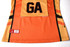 An orange netball polo featuring black accents and a logo, designed with a sleek fit and team identification.
