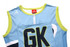 A blue netball bib with green accents and a large "GK" printed on the front. It features a logo.