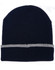 A navy beanie with a grey cuff and a logo on the front.
