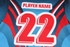 A blue sports jersey featuring red and black design elements, with a prominent number 22 and a logo.