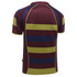 A rugby tee in maroon, green, and blue stripes with a fitted back design. The garment features a logo.
