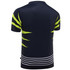 A navy rugby tee with vibrant yellow accents and horizontal stripes at the hem. It features a logo.