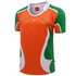 A rugby tee in vibrant orange and green, featuring a stylish design and a logo on the front.