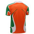 A rugby tee in orange and green with a sporty design. The back features a logo.