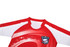 A red rugby uniform top for women featuring white accents and a logo.