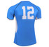 A blue rugby tee featuring a white number 12 on the back and contrasting side panels. It has a logo on the front.
