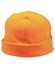 An orange polar fleece beanie with a folded hem, featuring a logo on the side.