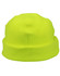 A bright yellow polar fleece beanie with a folded cuff. It features a branding logo.