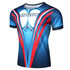 A rugby uniform top for men, featuring a blue base with red and white stripes and a logo.