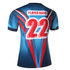 A rugby uniform top in blue with red accents, featuring a number 22 and a logo on the back.