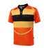 A vibrant orange and black rugby tee featuring horizontal stripes and a branded logo.
