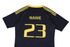 A navy rugby top featuring yellow stripes and a branding logo, with the number 23 on the back.