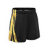 ABORIGINAL AFL SHORTS in black with vibrant yellow and patterned accents, featuring an elastic waistband and branding.