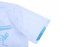A white shirt featuring blue designs on the sleeve and a logo on the front.