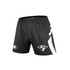 Black volleyball shorts featuring a side stripe and a logo on one leg.