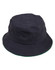A navy bucket hat with a contrasting green brim, featuring ventilation eyelets and a logo.