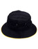 A black bucket hat featuring a contrasting yellow brim and eyelet details, with a logo on the side.