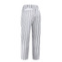 A pair of white baseball/softball pants featuring bold black vertical stripes and a waistband with a logo.