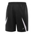 Black basketball shorts featuring white accents and a branding logo.