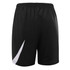 A pair of black basketball shorts featuring a white logo and a sleek design.