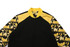 A black jacket with yellow and patterned sleeves, featuring a zip closure and a logo on the collar.
