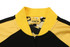 A black and yellow jacket featuring a zip closure and a vibrant inner lining, with a logo tag inside the collar.