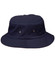 A navy blue bucket hat with a wide brim and two metallic vents on the sides. It has a simple design and a logo.