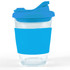 A reusable coffee cup with a transparent body and a vibrant blue snap lid and sleeve.