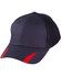A navy cap with red trim and mesh sides, featuring a structured design and a rounded peak.