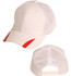 A white cap with red trim and mesh panels, featuring a branded logo on the back.
