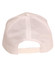A white cap with mesh detailing at the back, featuring an adjustable strap and a logo on the side.
