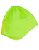 A bright yellow polar beanie with ear covers, featuring a simple design and a logo.