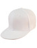 A white snapback cap featuring six panels and a curved brim, with ventilation holes and a logo.