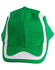 A green cap with white accents and a curved peak, featuring a logo on the front.