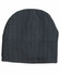 A dark grey cable knit beanie featuring a fleece headband, showcasing a textured ribbed design and a logo.