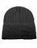 A cream cable knit beanie featuring a fleece headband, with a textured design and a logo.