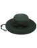 A green brimmed bucket hat with a chin strap and ventilation holes on the sides.