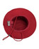 A red bucket hat with a wide brim and an internal chin strap. It has a label inside and features a logo.
