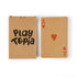 Recycled playing cards in a brown kraft box featuring a red heart Ace card. The box has a logo.